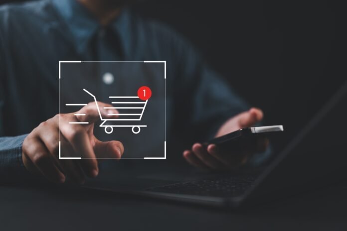 Business,Ecommerce,Concept.,Man,Touch,Virtual,Online,Shopping,Icons,For